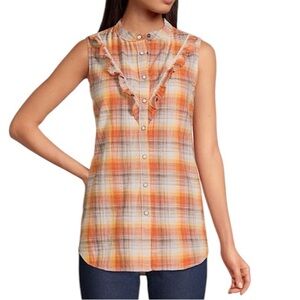 Blake Shelton x Lands’ End Plaid Ruffle Sleeveless Blouse 2X Cotton Western Boho